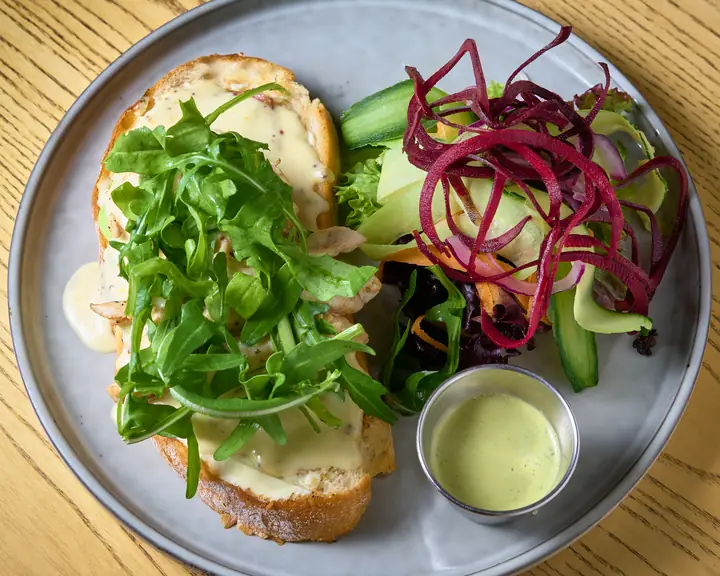 Open chicken sandwich with salad and dressing on a plate